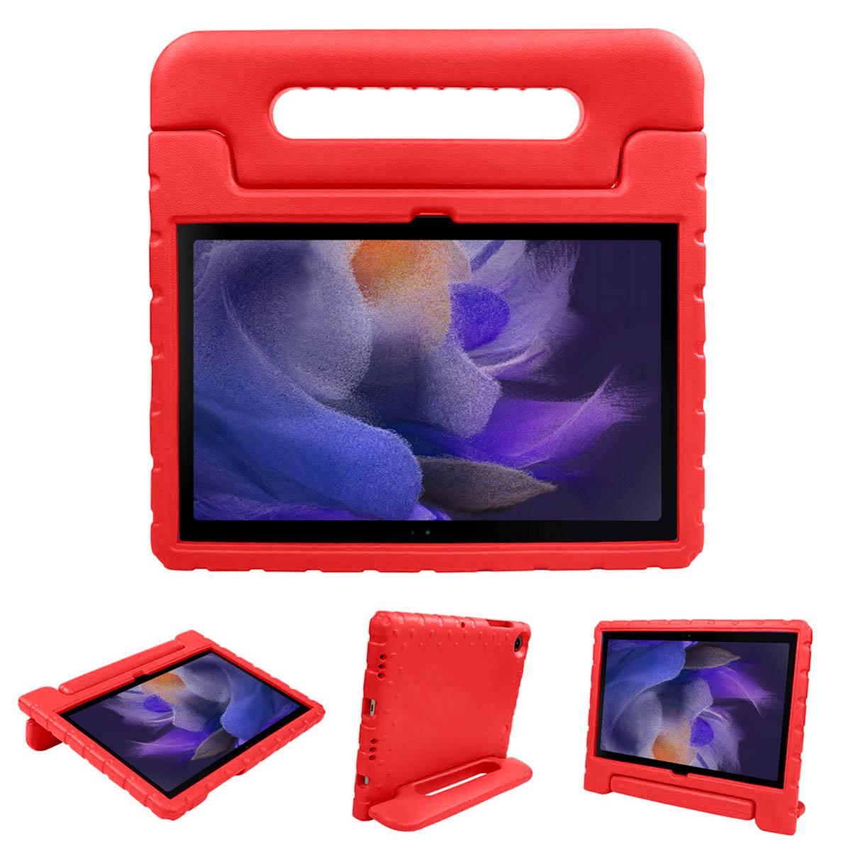 Rode tablethoes met handvat, een tablet erin. Meerdere weergaven.
