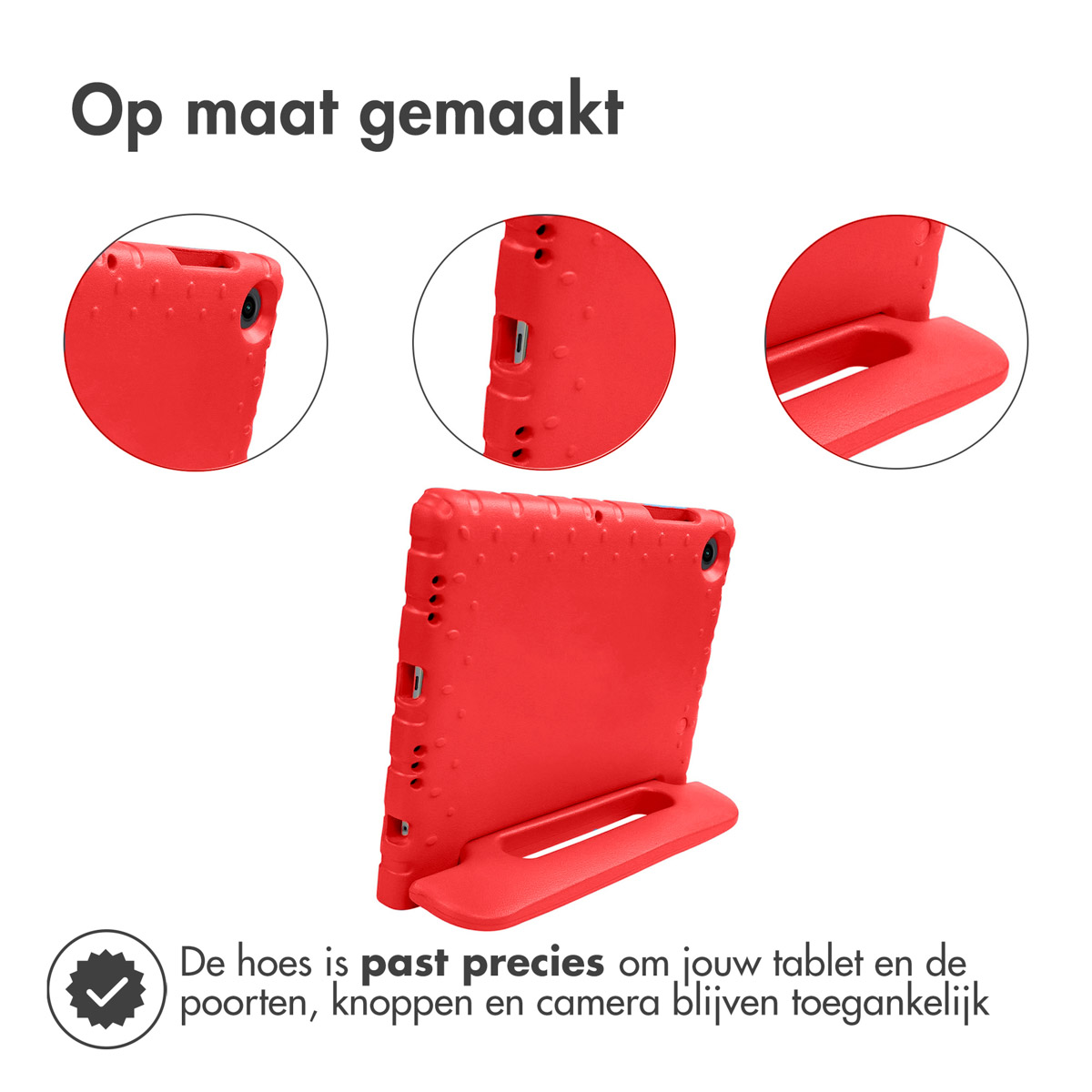 Rode tablethoes met standaard. Hoes heeft een textuur, met uitsparingen. Witte achtergrond.
