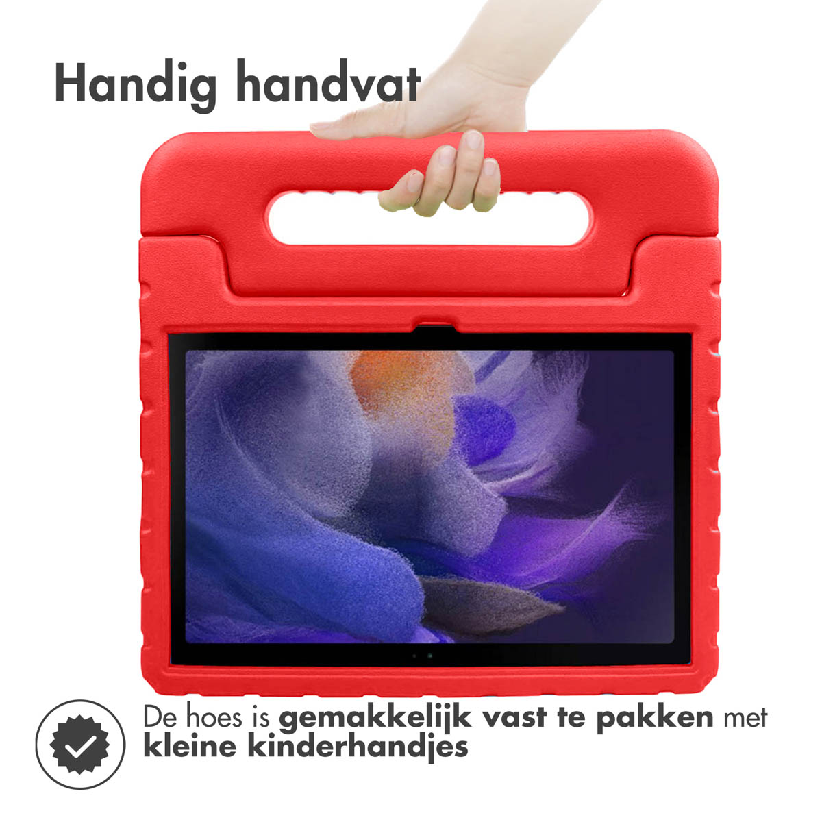 Rode tablethoes met handvat, een tablet vasthoudend. Hand toont het vasthouden van de hoes van bovenaf.