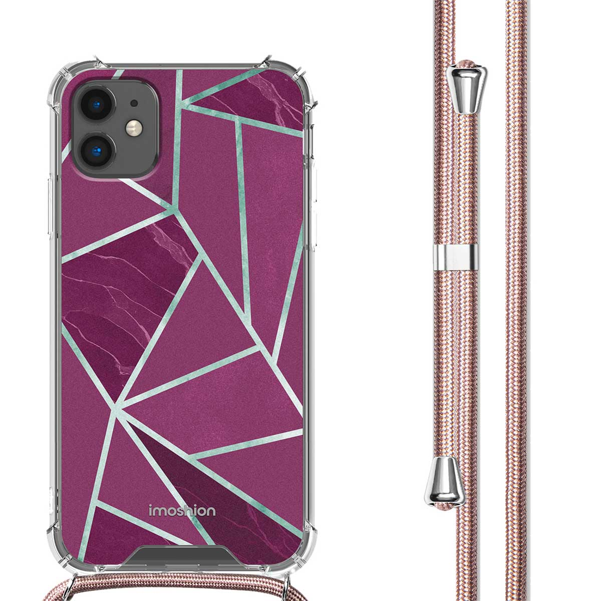 Een telefoonhoesje met een paars geometrisch ontwerp en een bijpassend roze koord.