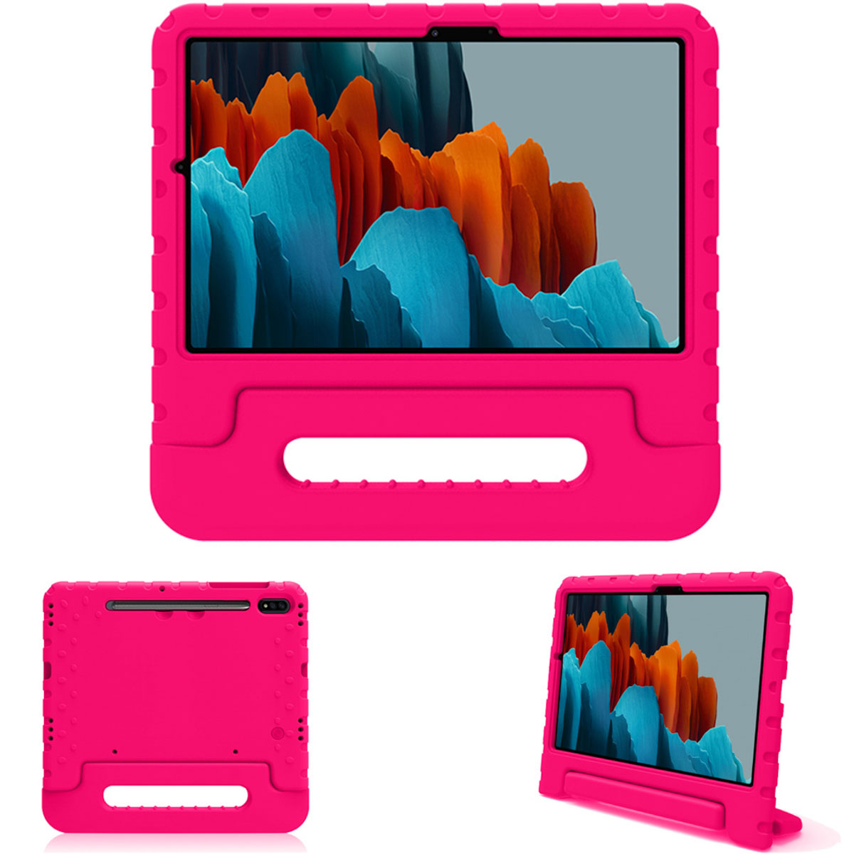 Pink tablet case, with tablet inside. Multiple angles of the case are shown.