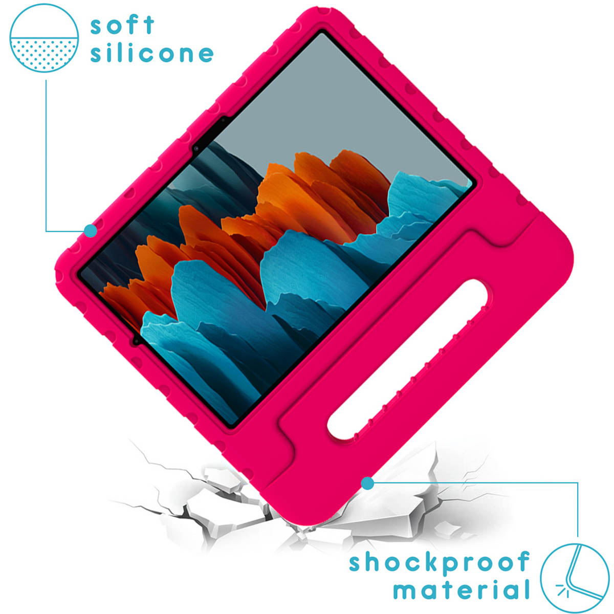 Pink shockproof tablet case with an orange and blue screen.