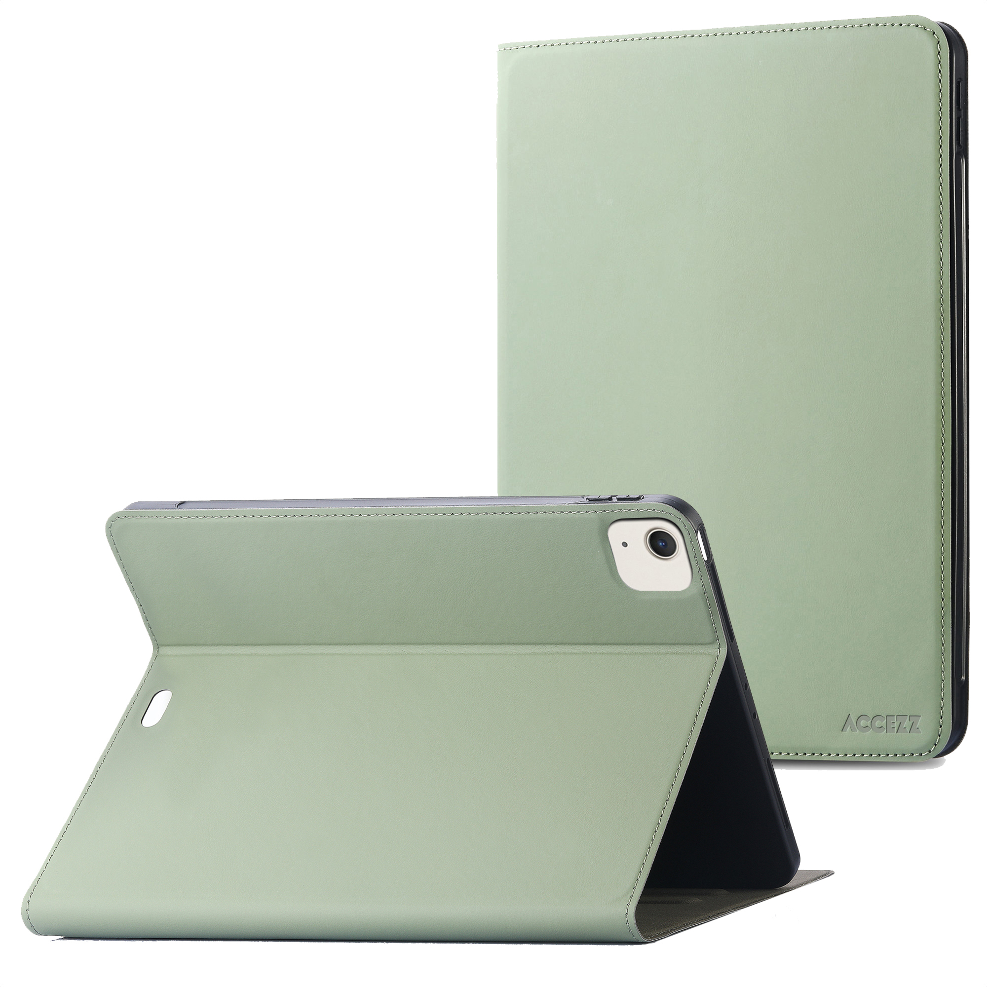 Étui de tablette vert clair, ouvert, affichant une tablette.