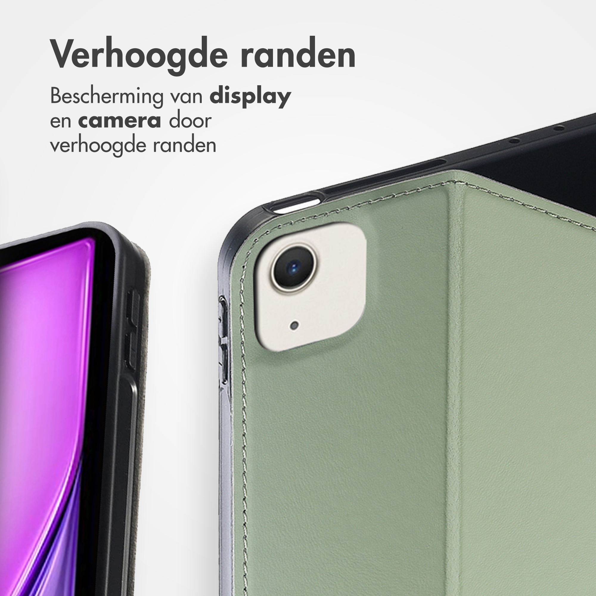 Gros plan sur un étui vert pour iPad avec bords surélevés, protégeant l'écran et l'appareil photo.