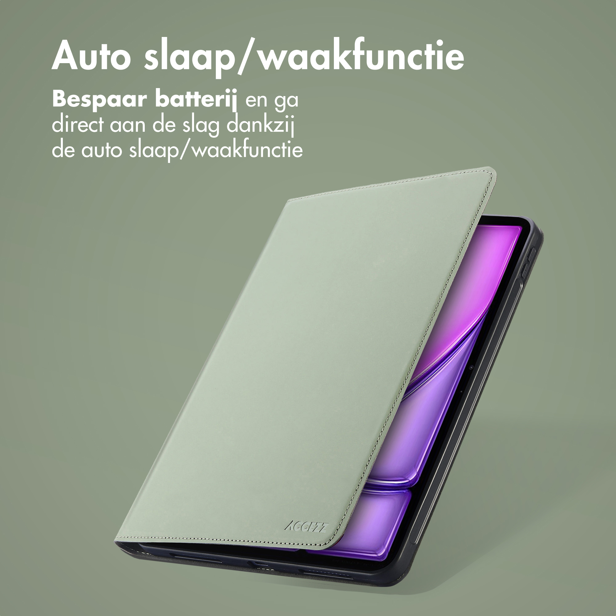 Un étui pour tablette avec une couverture verte. L'étui est ouvert, révélant l'écran. Du texte est présent.
