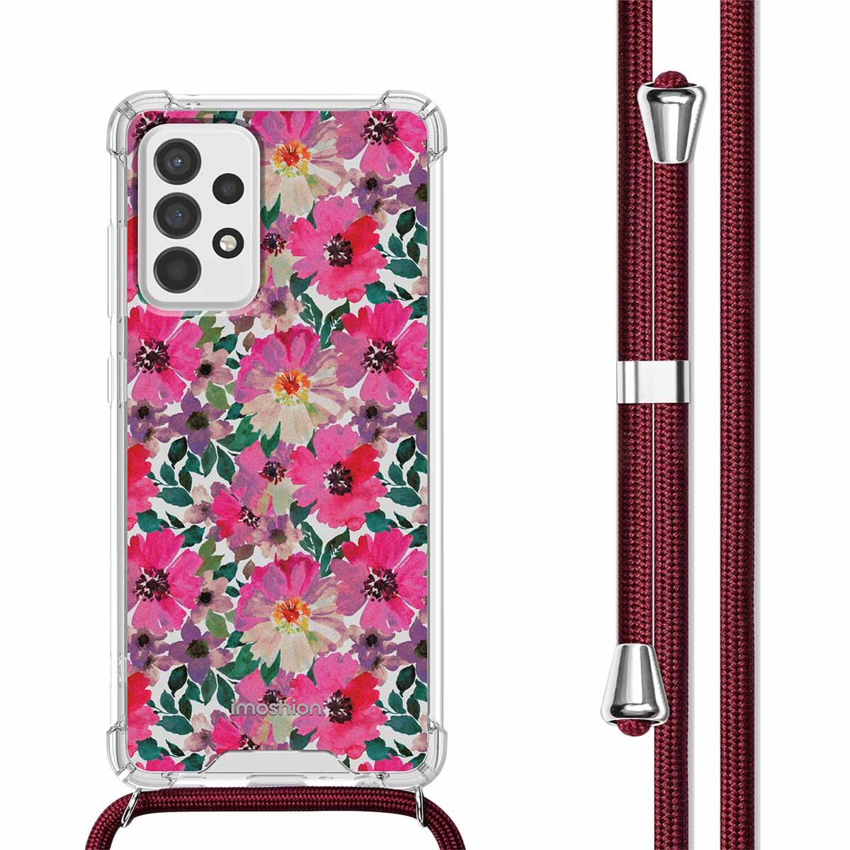 Coque de téléphone avec un motif floral de fleurs roses et violettes. Cordon rouge. Texte : Ajustement parfait.