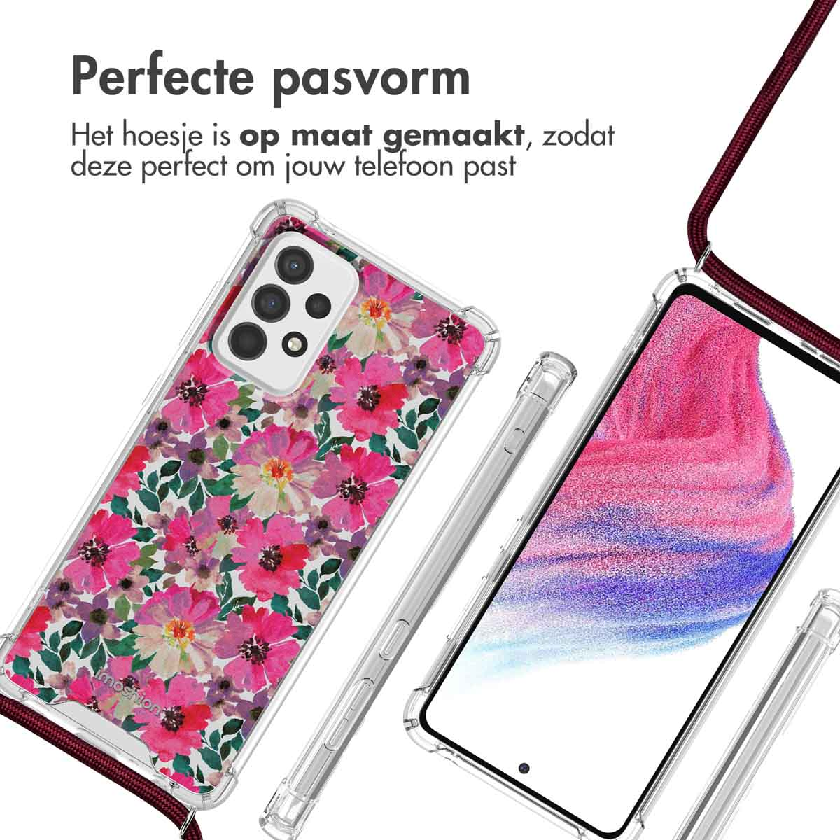 Deux coques de téléphone avec des motifs floraux roses et des bordures protectrices transparentes.