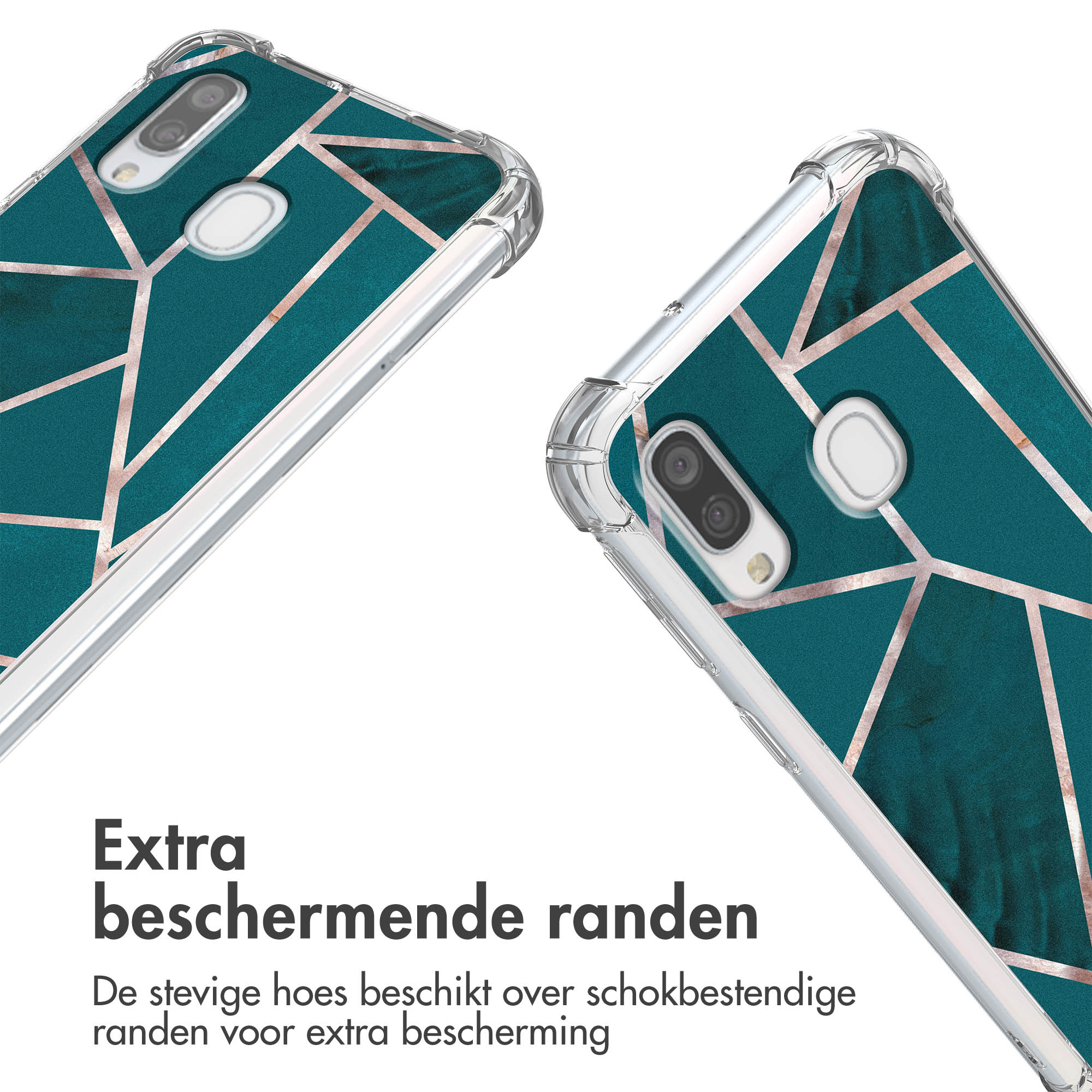 Two phone cases with teal and gold geometric design. The cases' corners have protective edges.