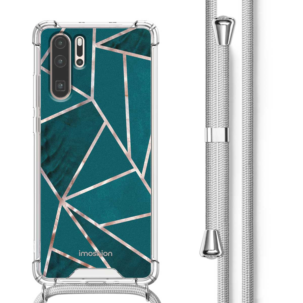 Groene telefoonhoes met geometrisch patroon, een telefoon met scherm en een zilveren koord.