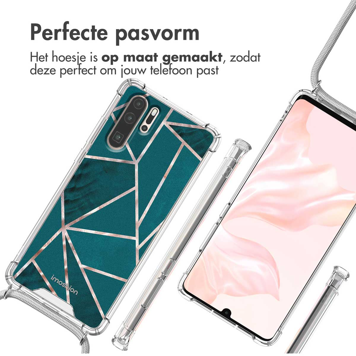 Transparante telefoonhoes met teal geometrisch patroon. Telefoon is zichtbaar met zilveren koord. Geometrisch patroon op de hoes.