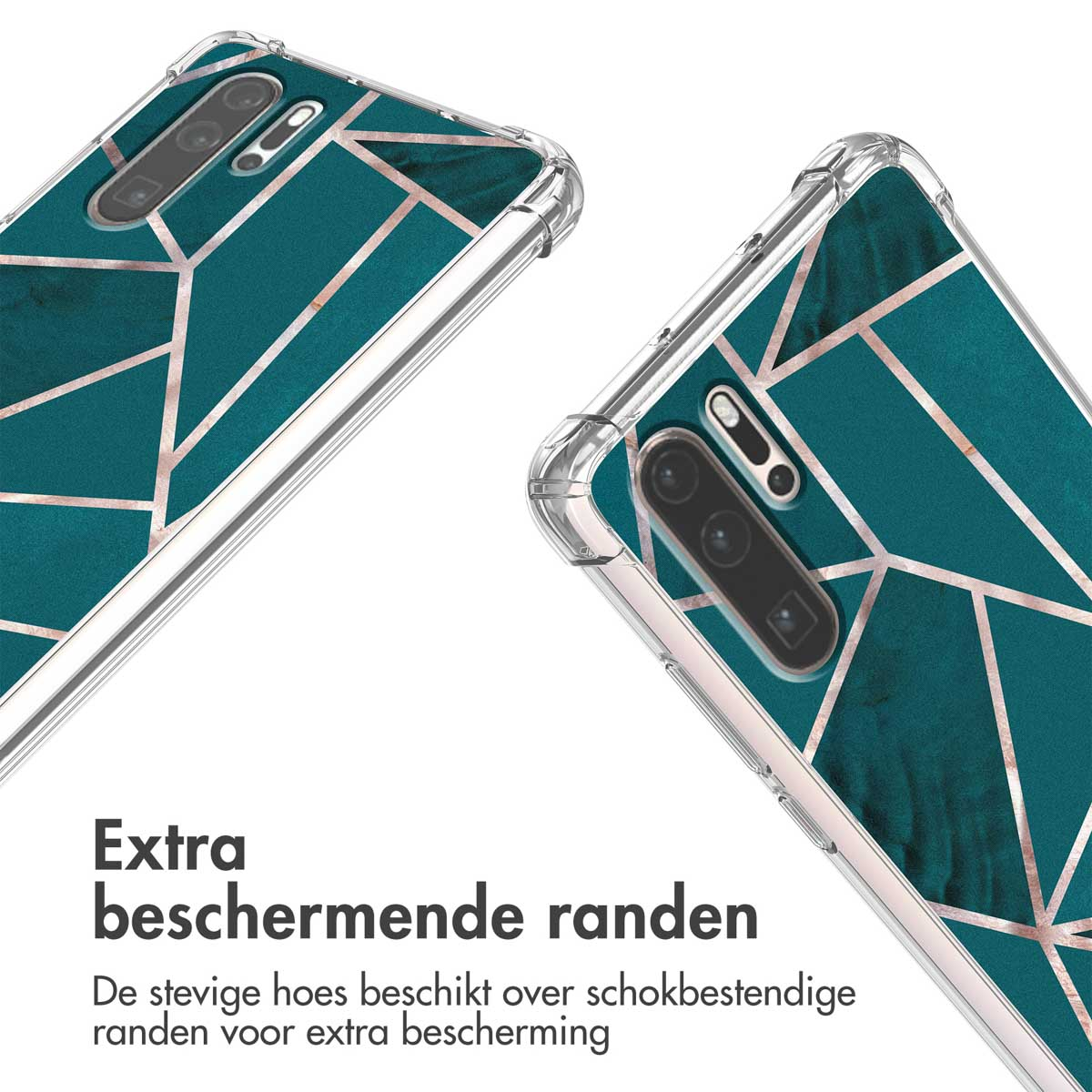 Twee telefoonhoesjes met teal geometrisch patroon, tekst in het Nederlands.