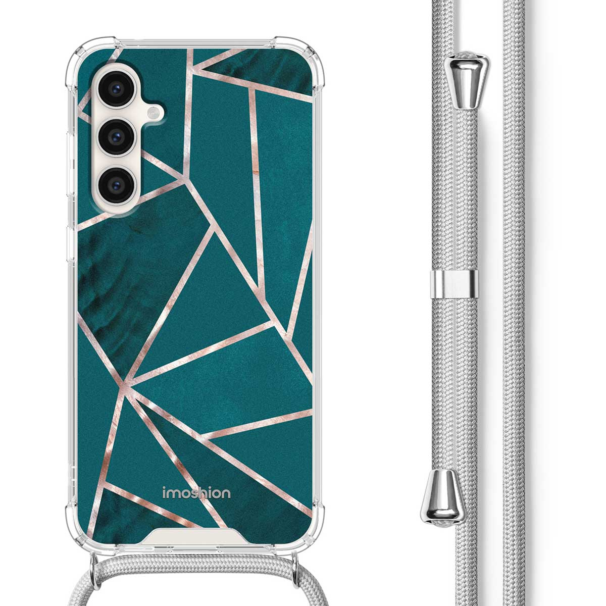 Telefoonhoesje met teal en gouden geometrisch patroon en lanyard. Telefoon heeft drie cameralenzen.