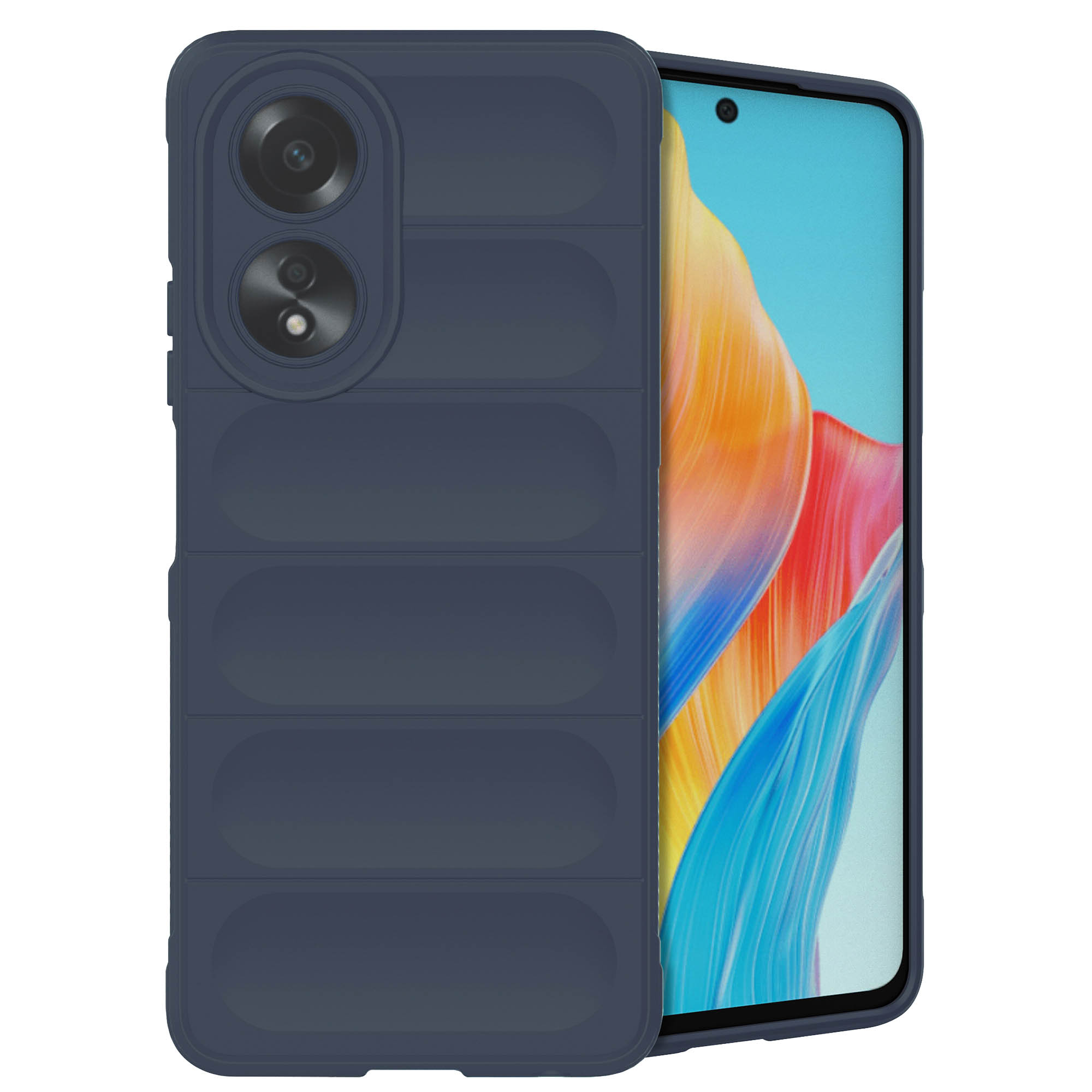 Donkerblauwe telefoonhoes met telefoon erin, cameramodules links.