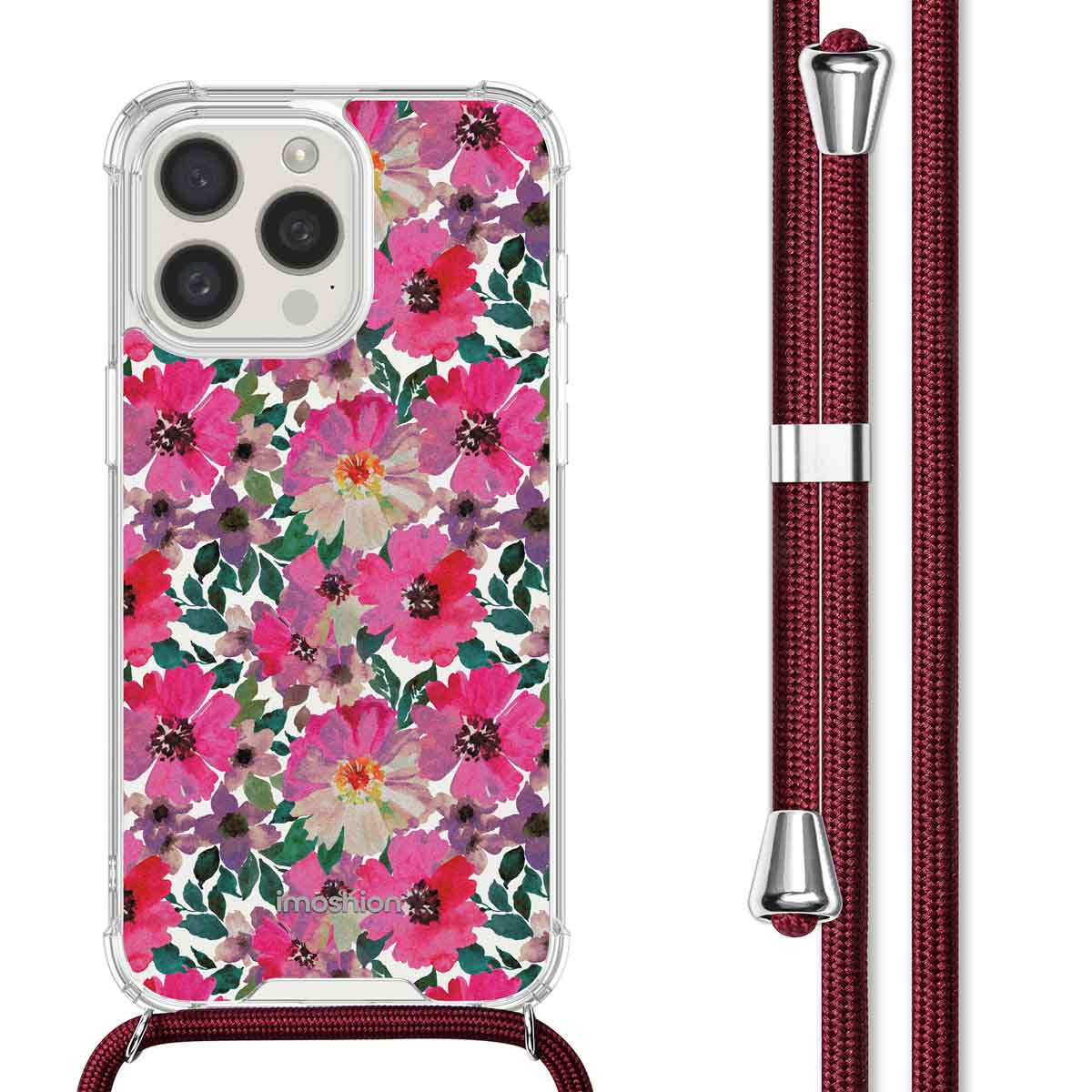 Une coque de téléphone avec un motif floral et une sangle bordeaux. La sangle a des accents argentés.