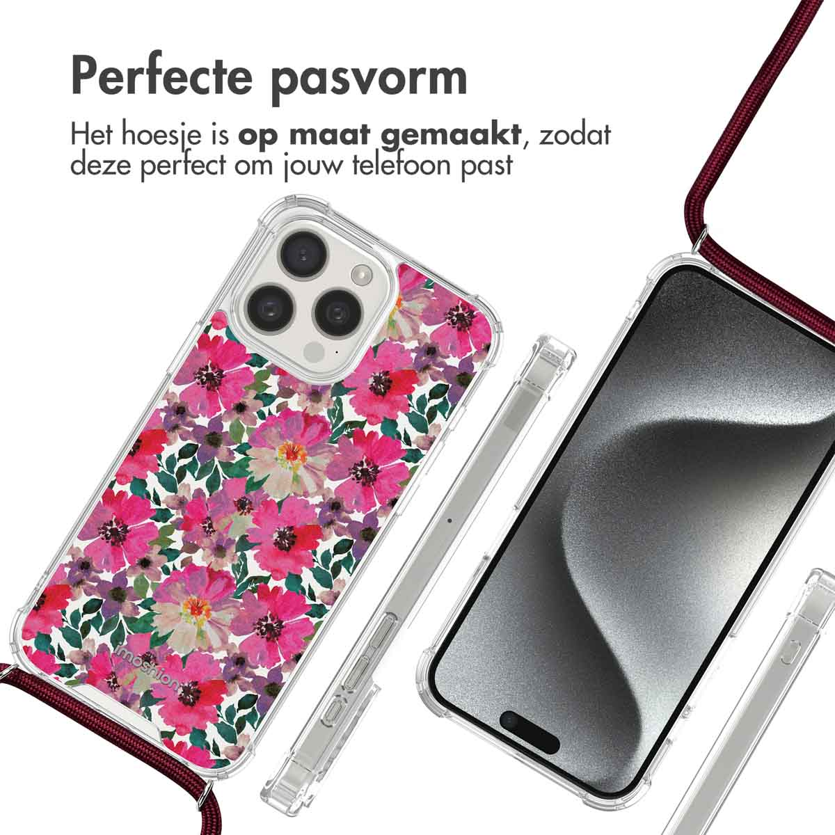 Coque de téléphone avec des fleurs roses. Un téléphone et un cordon sur l'image. Fond blanc.