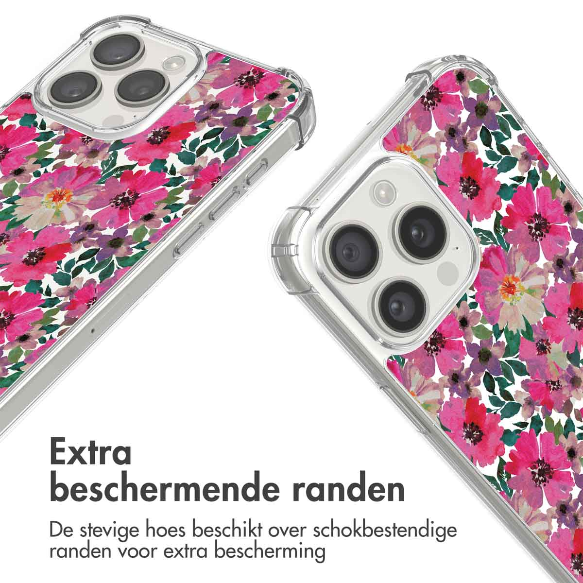 Deux coques de téléphone avec motif floral rose, texte en néerlandais.