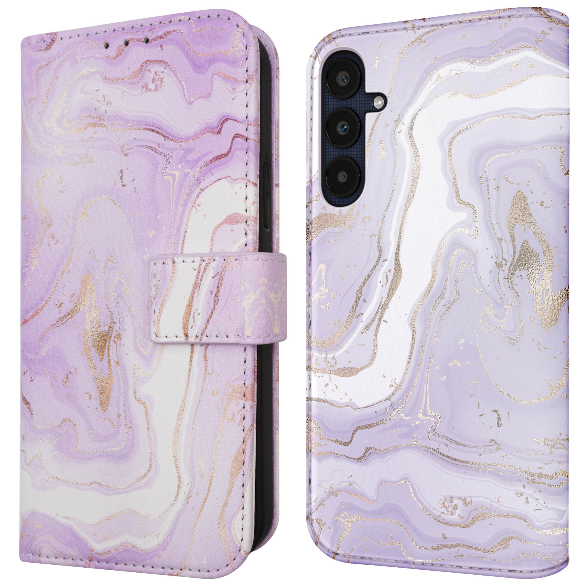 Paars marmeren telefoonhoesje, open en dicht. Gouden aderen in het marmeren ontwerp.
