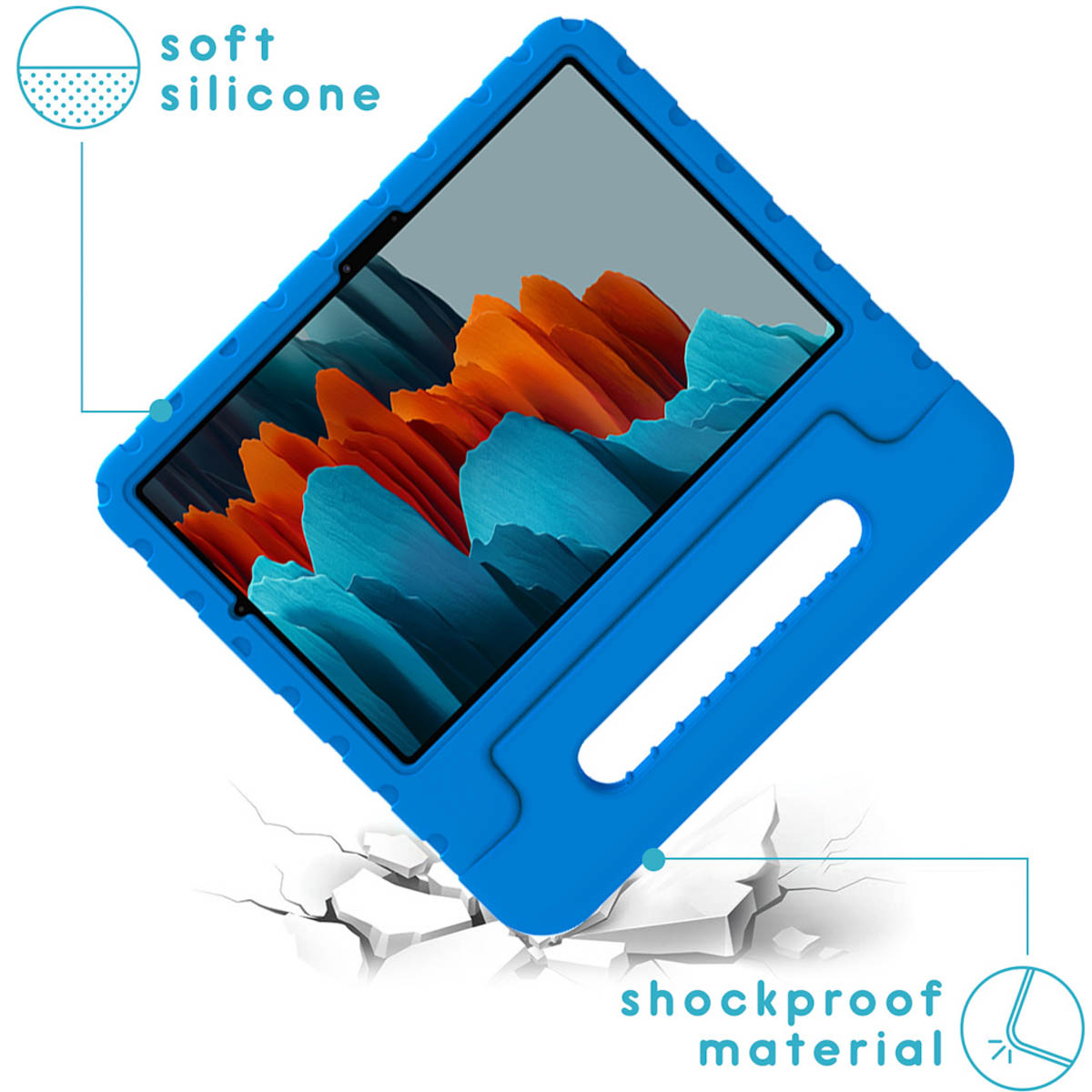 Blue tablet case with a tablet inside. The case is on a surface.