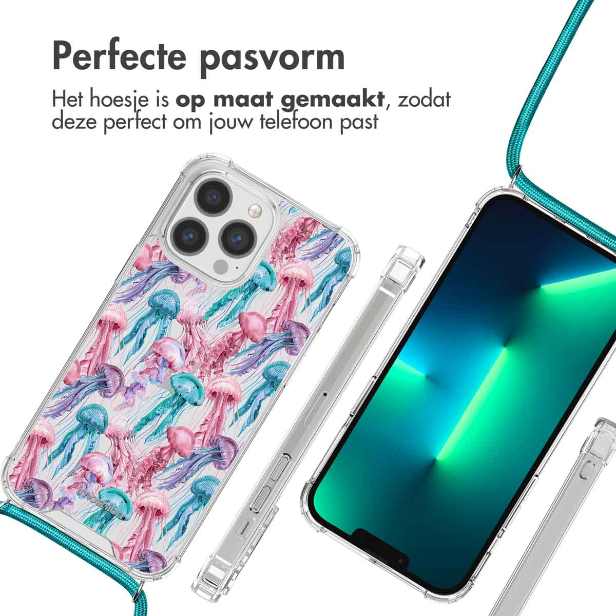 Coque de téléphone avec un motif de méduses et un téléphone transparent. Texte : Ajustement parfait. Cordon turquoise.