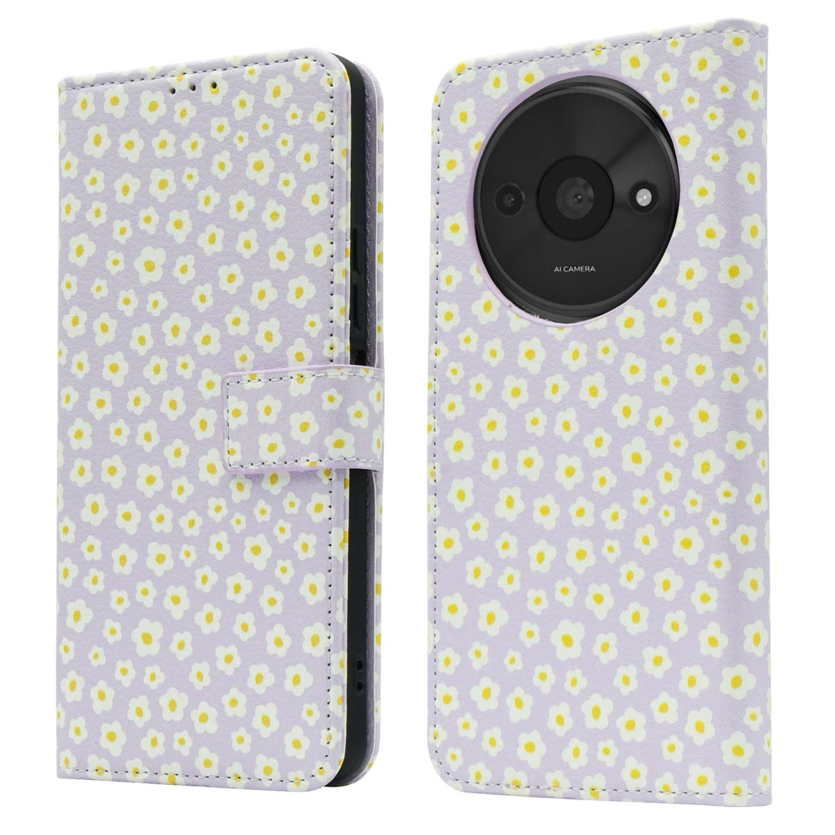 Paarse telefoonportemonnee met kleine witte bloemen. De hoes is open en toont de telefoon.