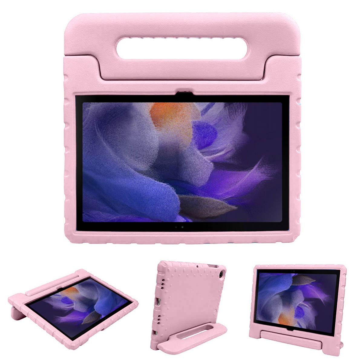 Een roze tablethoes met een handvat, die de tablet vanuit meerdere hoeken toont.