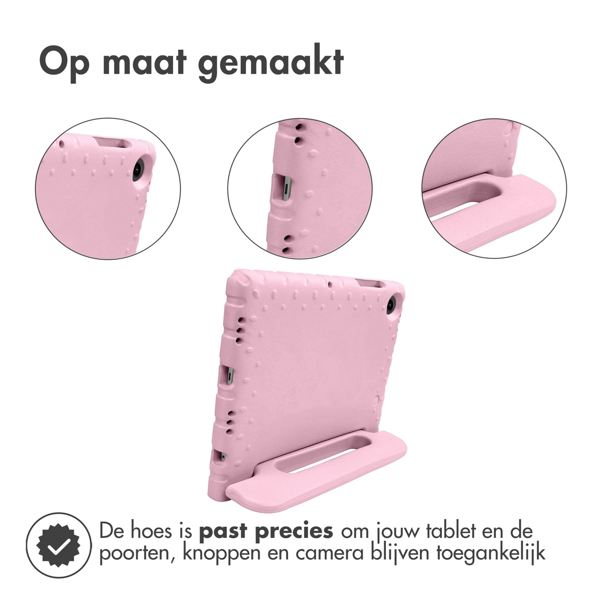 Roze tablethoes met meerdere uitsparingen, vanuit verschillende hoeken getoond, en een standaard.