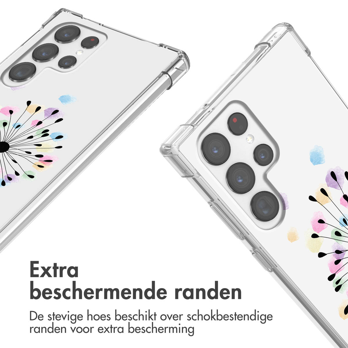 Close-up van twee telefoonhoesjes met paardenbloempatroon. Transparante randen, kleurrijke paardenbloemen.