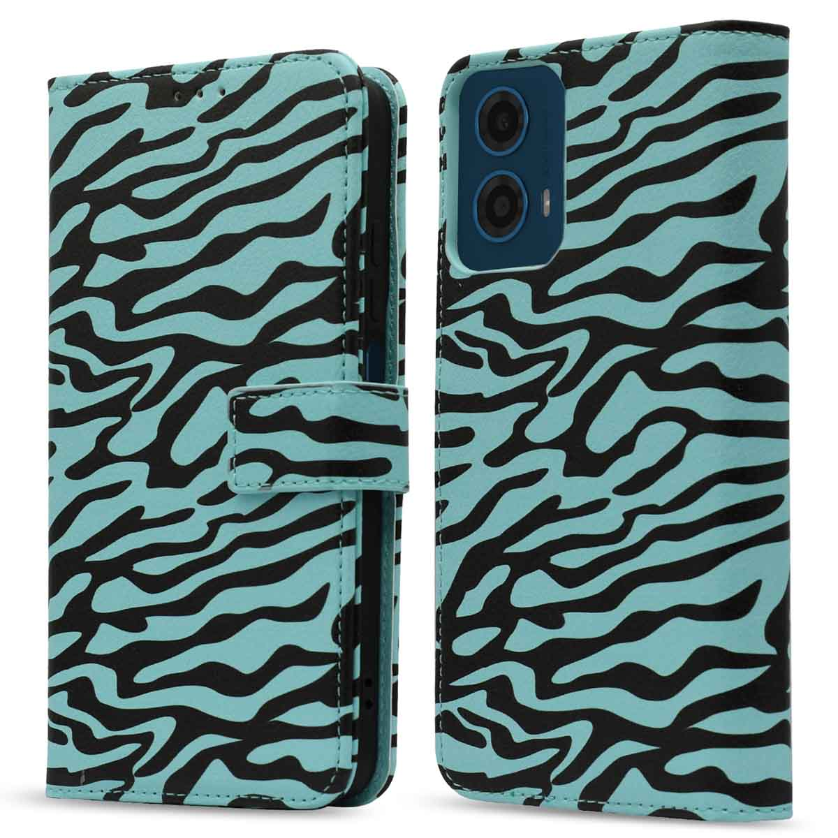 Telefoonhoesje met een blauw en zwart zebraprintpatroon. Gesloten en open weergave.