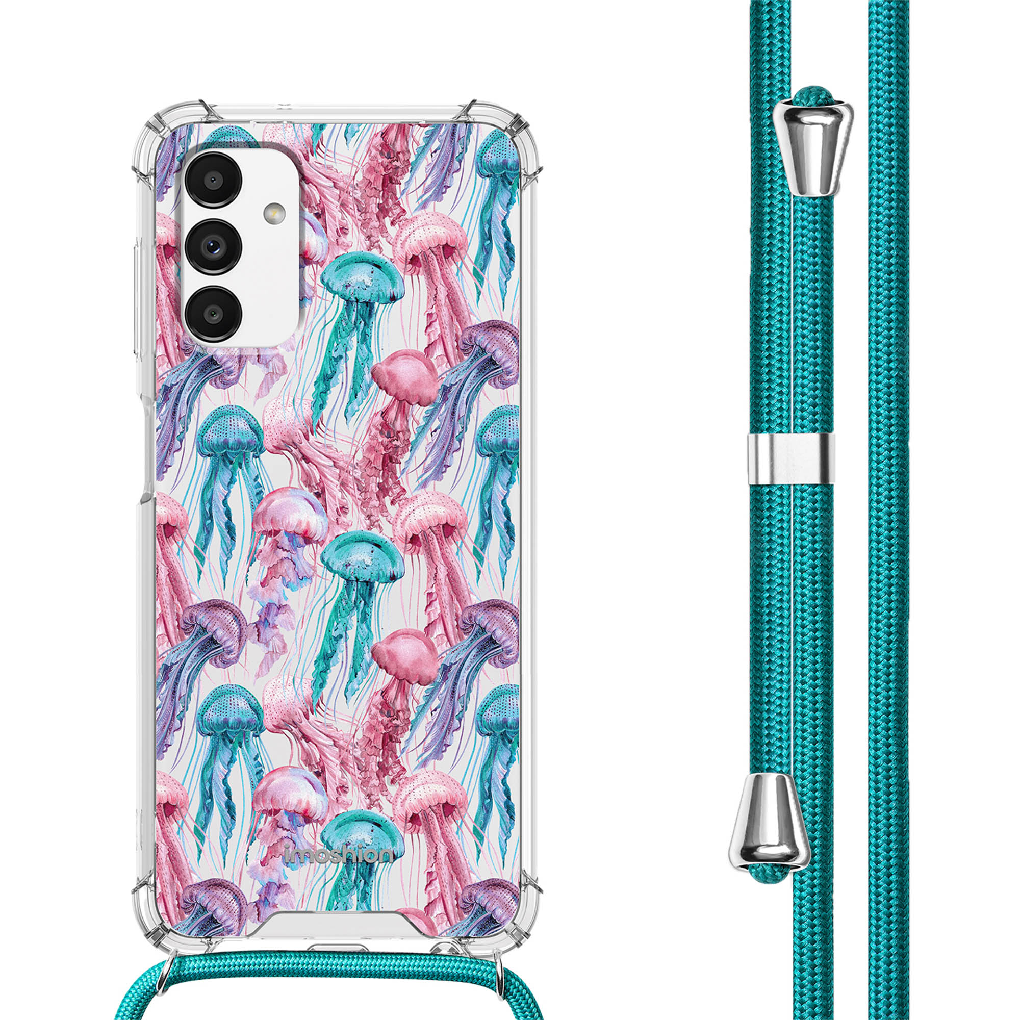 Coque de téléphone avec motif méduses, téléphone à l'intérieur, et cordon turquoise.