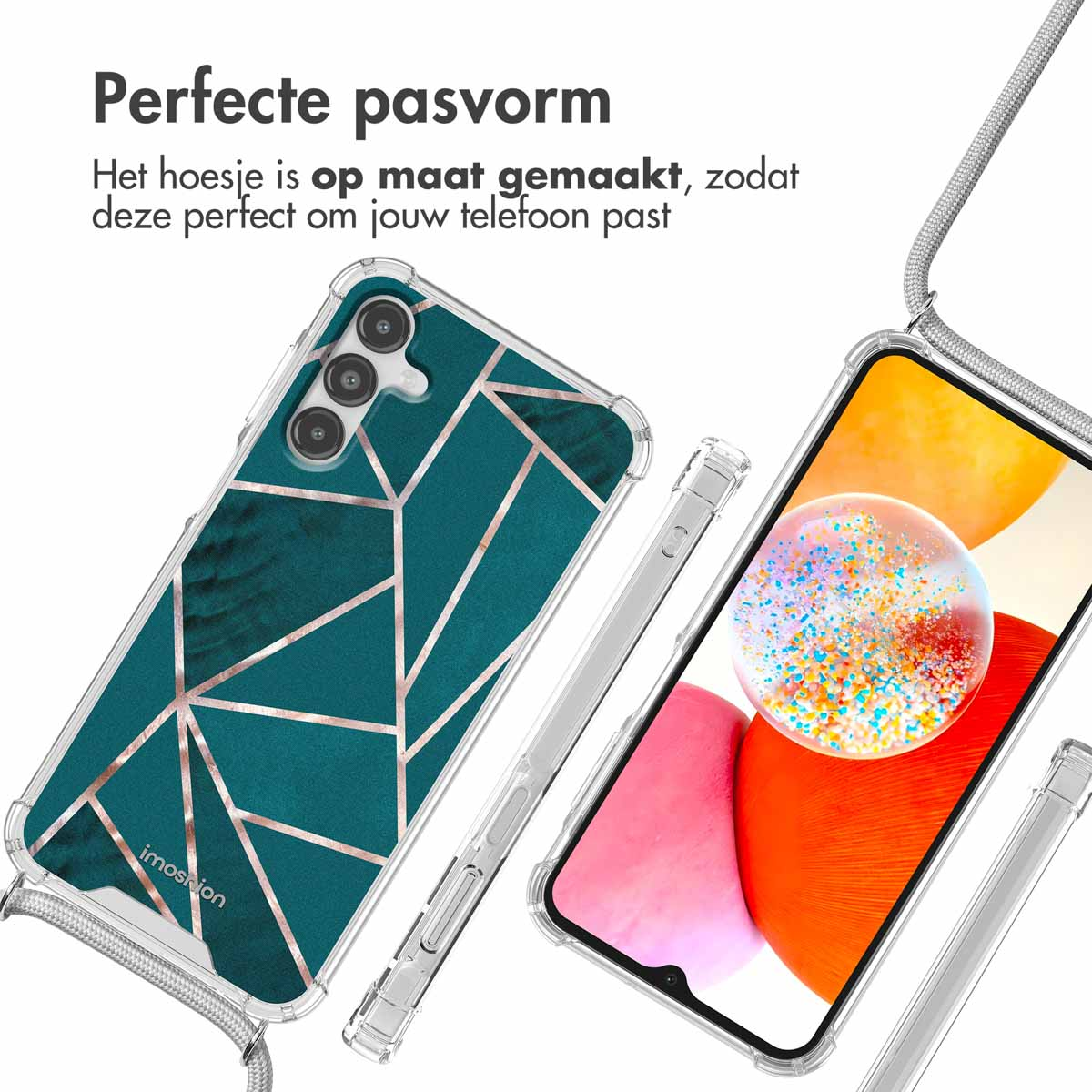 Coque de téléphone transparente avec design géométrique teal. Téléphone avec coque transparente et lanière.