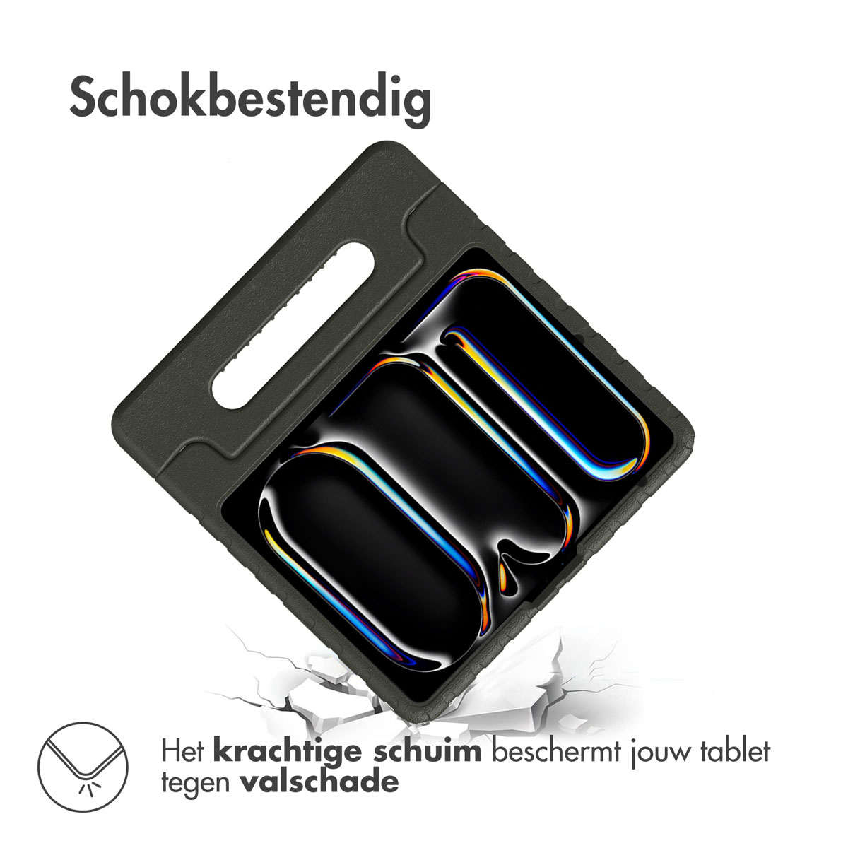 Black tablet case with a handle, showcasing protective features. White background with text.