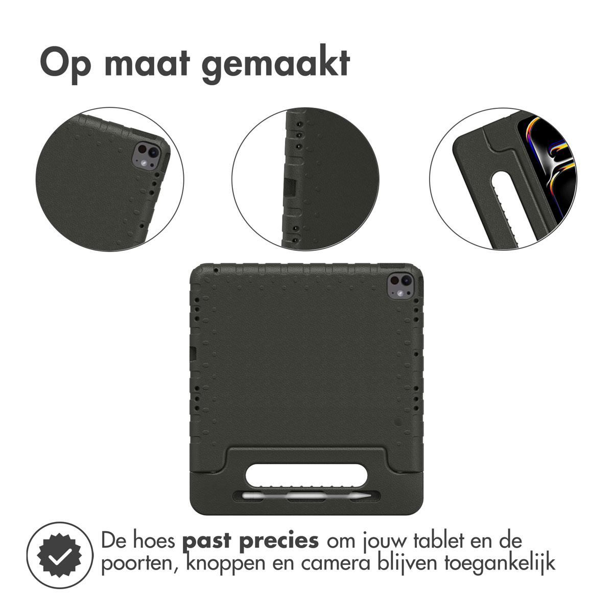 Tablet case with details. Close-ups show ports, buttons, and camera. Text: 'Op maat gemaakt'.