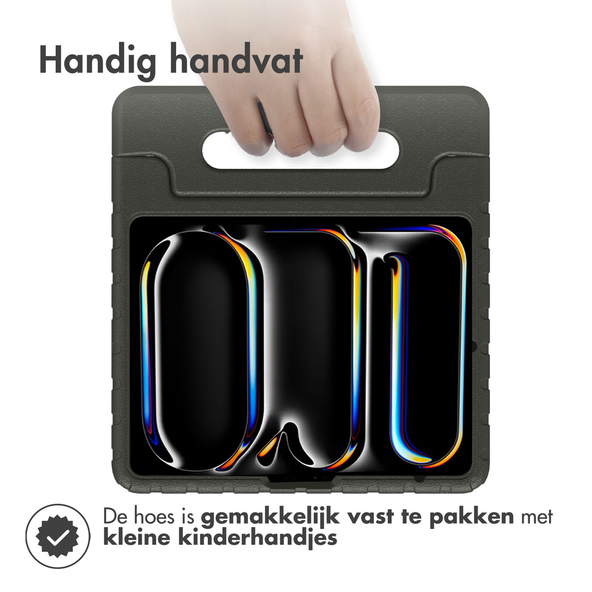 A hand holding a grey tablet case with a handle.