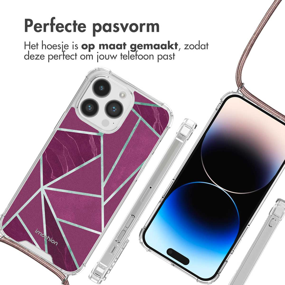 Coque de téléphone avec un design géométrique violet et sarcelle. Le téléphone est montré avec un cordon.