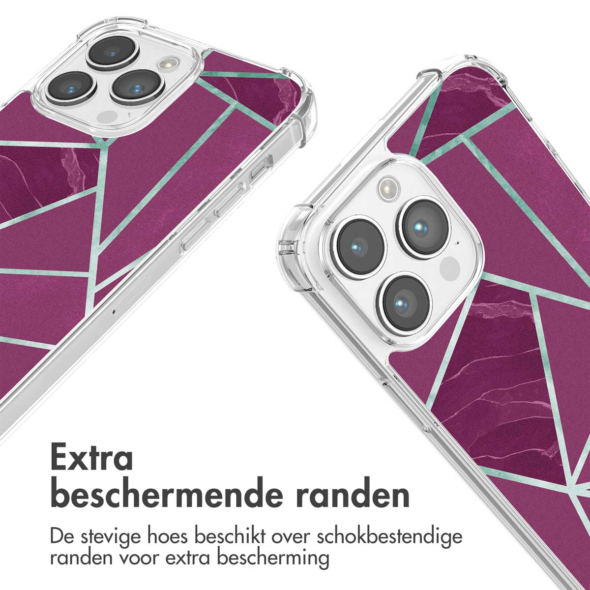 Telefoonhoesje met geometrisch ontwerp. Twee hoesjes vanuit verschillende hoeken. Tekst: 'Extra beschermende randen'.