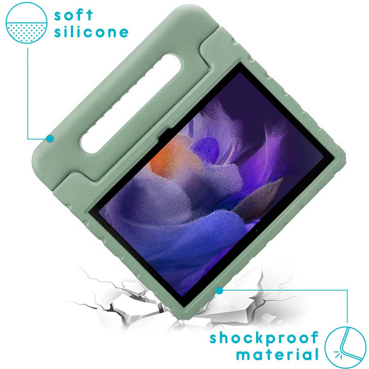 Tablethoes met groen, schokbestendig materiaal. Tekst: Zachte siliconen, schokbestendig materiaal.