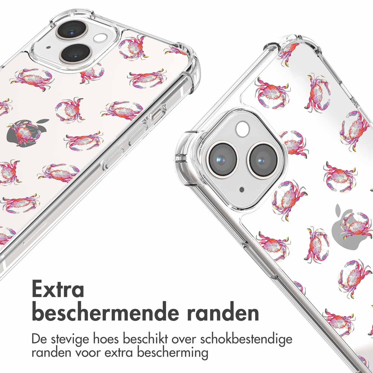 Twee telefoons in transparante hoesjes met krabpatronen, die de randen van de hoesjes tonen.