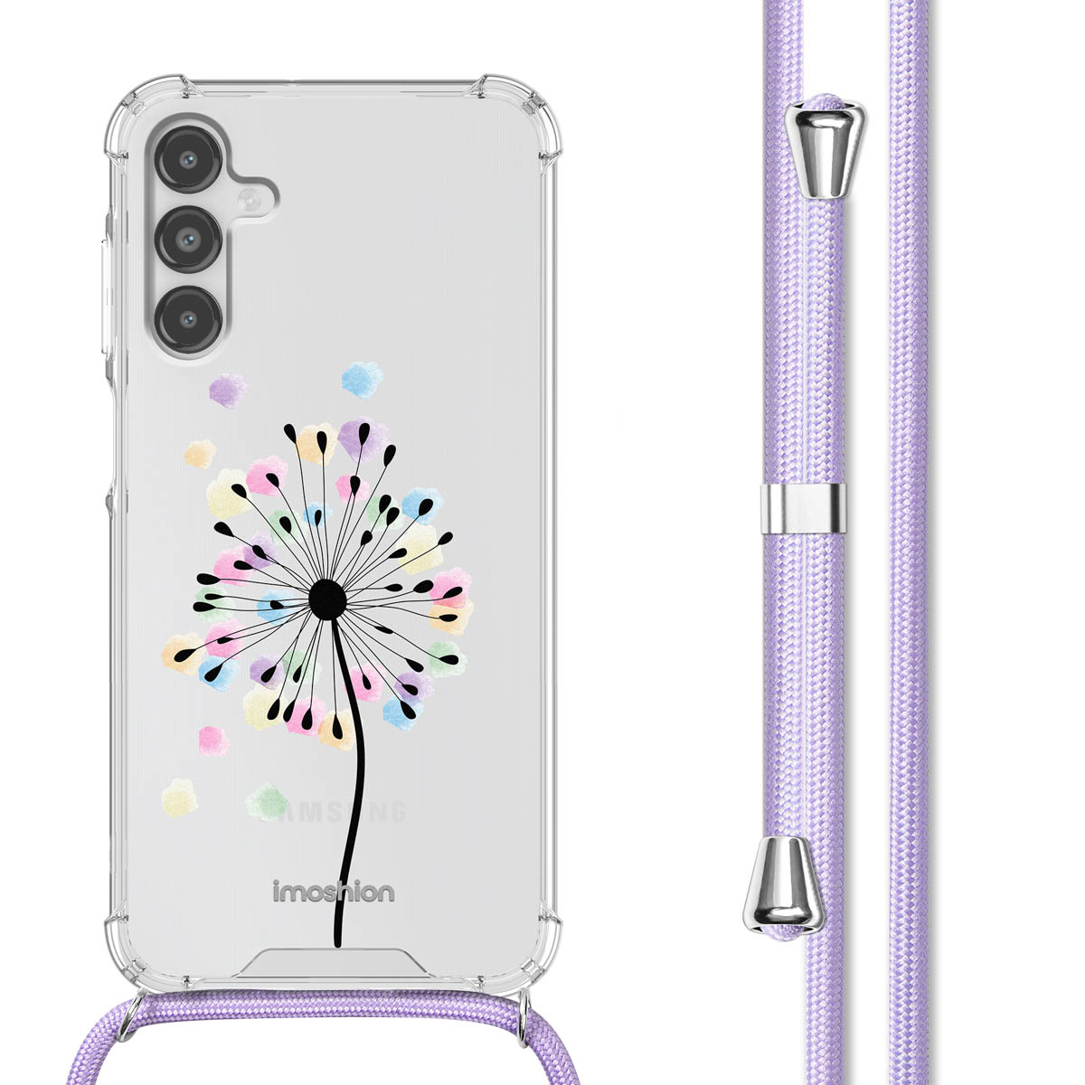 Transparante telefoonhoes met een paardebloemdesign en lanyard. Telefoon heeft een scherm.