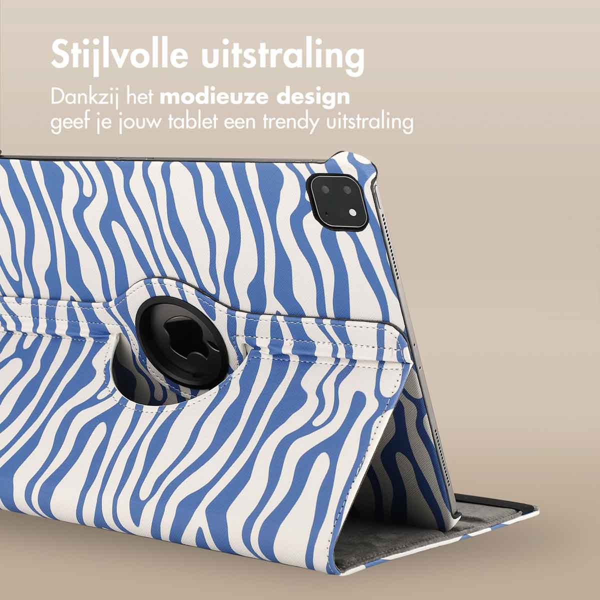 White and blue zebra print tablet case. The case is open and shows a tablet screen.