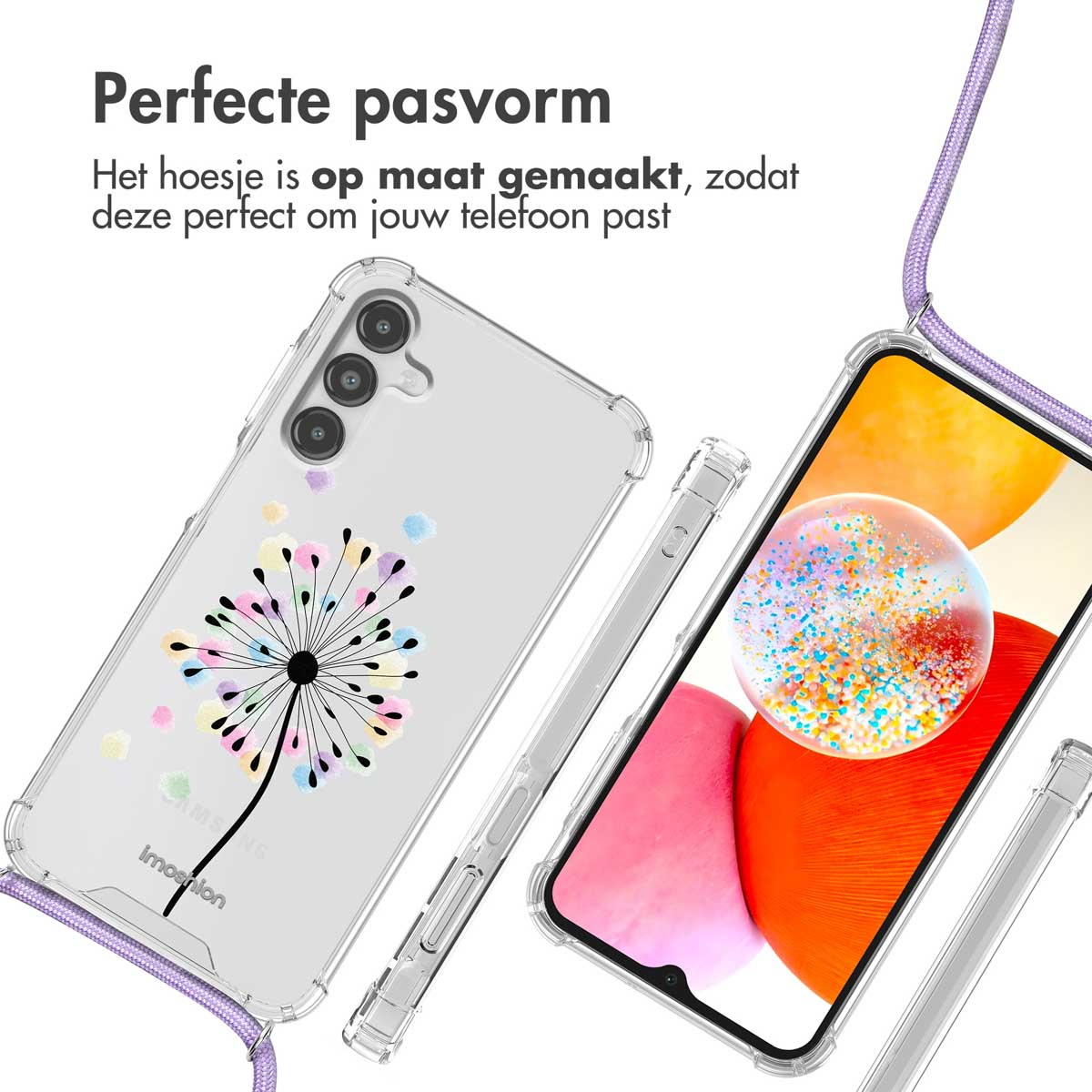 Transparante telefoonhoes met paardebloem ontwerp. Telefoon is zichtbaar met paars koord. Paardebloem ontwerp op de hoes.