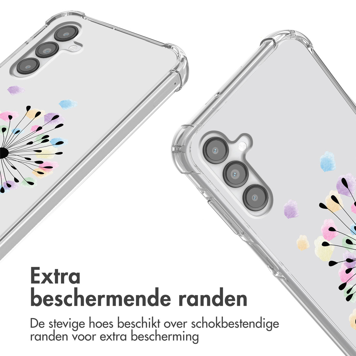 Transparante telefoonhoes met paardenbloemontwerp. Tekst: 'Extra beschermende randen' (Extra beschermende randen).
