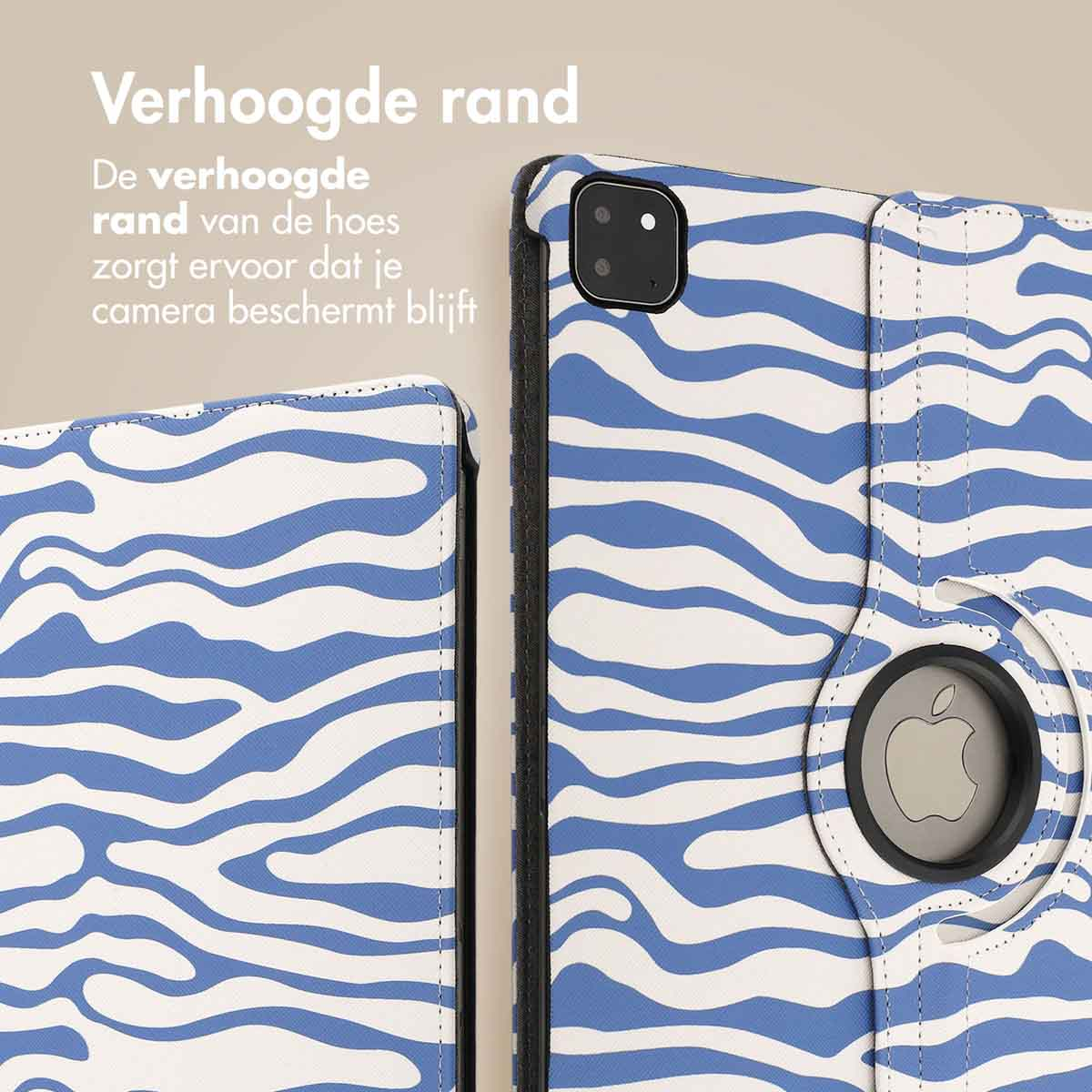 Tablet case with blue and white zebra stripes, on a white background.