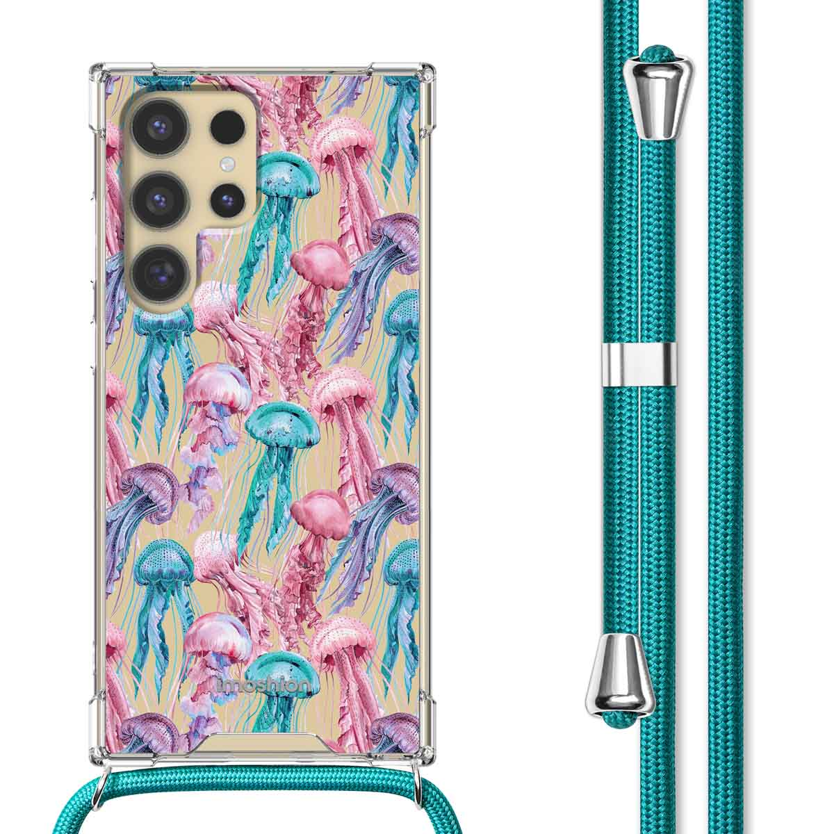Transparante telefoonhoes met kwallenpatroon en een turquoise lanyard.