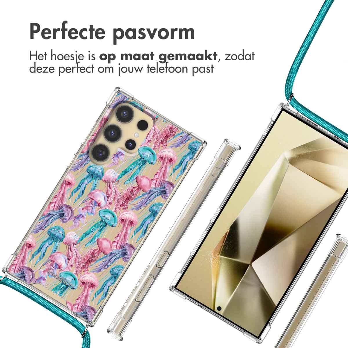 Transparante telefoonhoes met kwallen ontwerp. Telefoon is zichtbaar met turquoise koord. Kwallen ontwerp op de hoes.