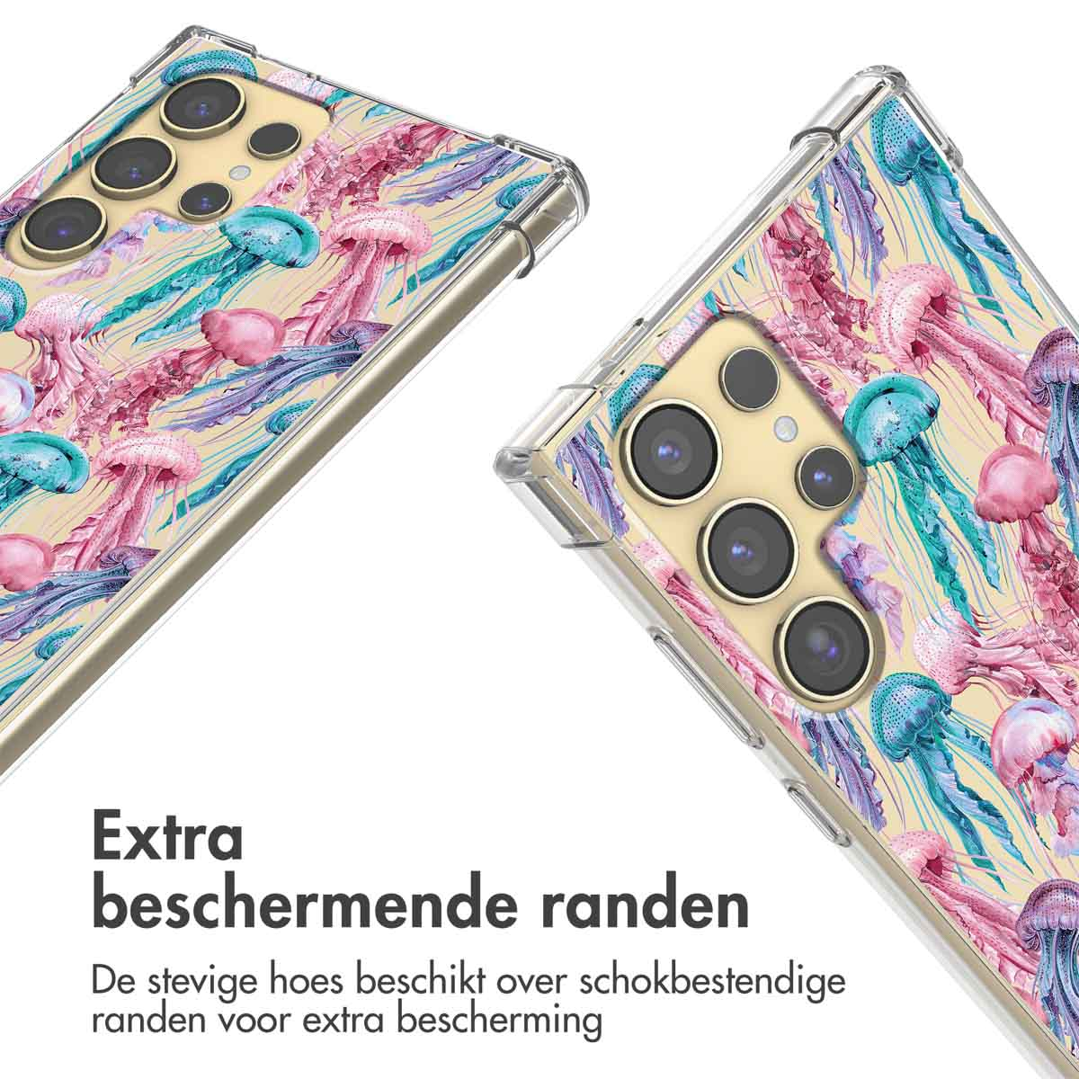 Twee telefoons in transparante hoesjes met kwallenpatronen, die de randen van de hoesjes tonen.