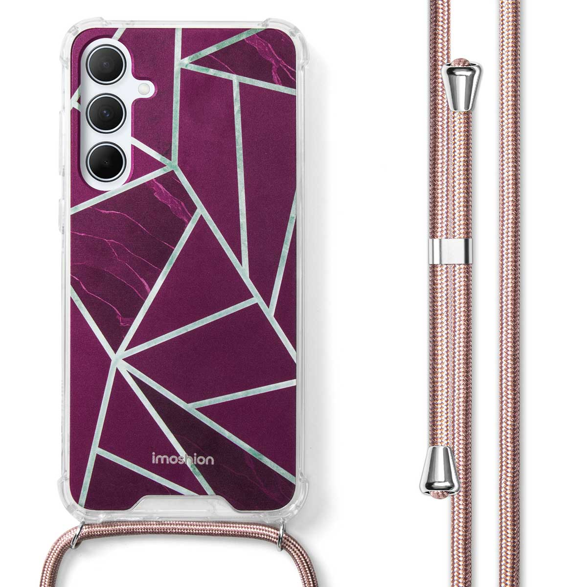 Coque de téléphone en marbre violet avec lignes argentées, téléphone à gauche, lanière or rose à droite.