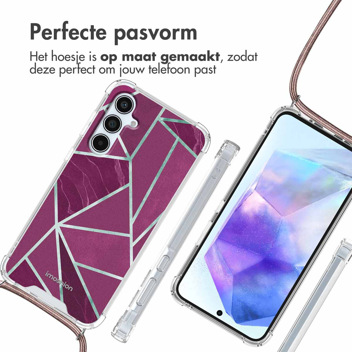 Coque de téléphone avec un design géométrique violet et sarcelle. Le téléphone est montré avec un cordon.