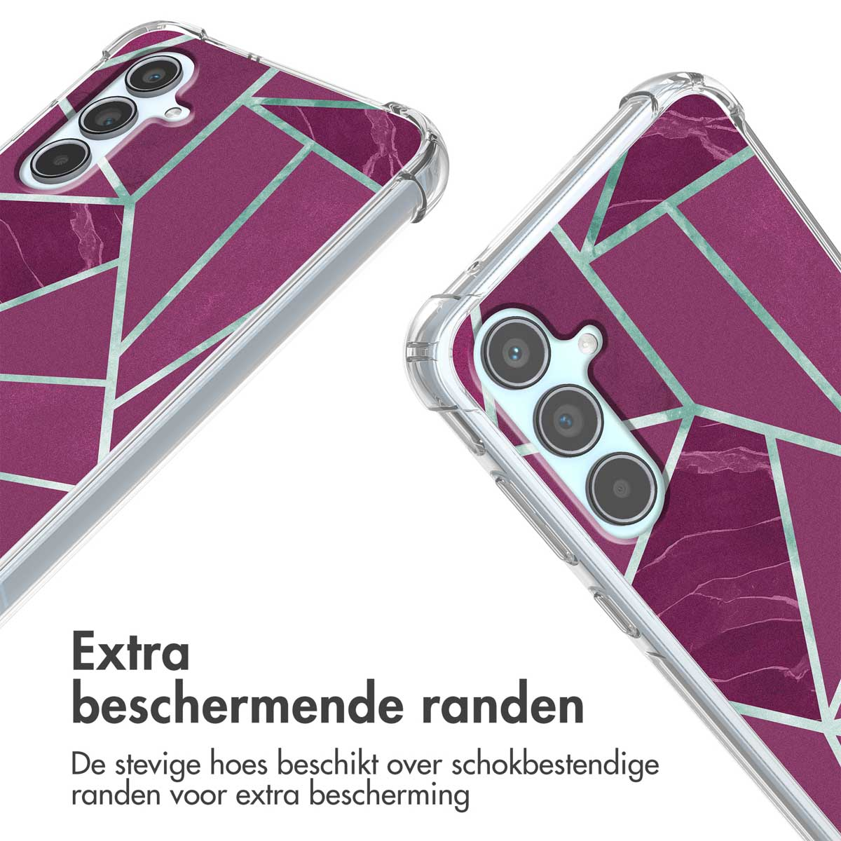 Coque de téléphone transparente avec motif géométrique violet. Texte: 'Extra beschermende randen' (Bords de protection supplémentaires).