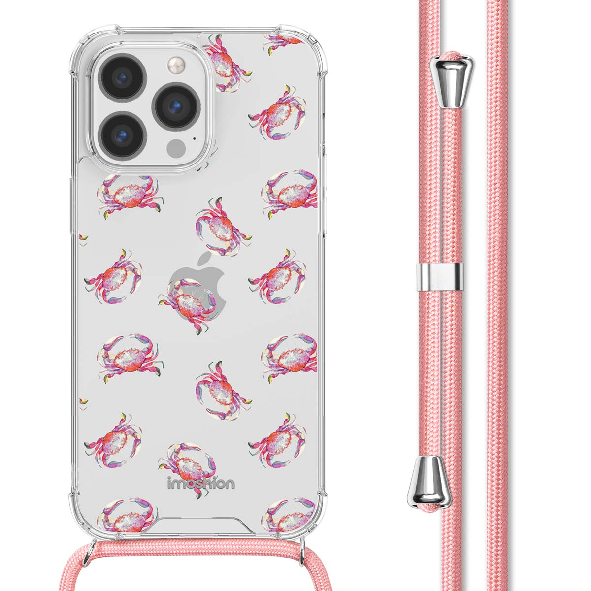 Coque de téléphone transparente avec motif de crabes, lanière rose. Téléphone avec coque et lanière.