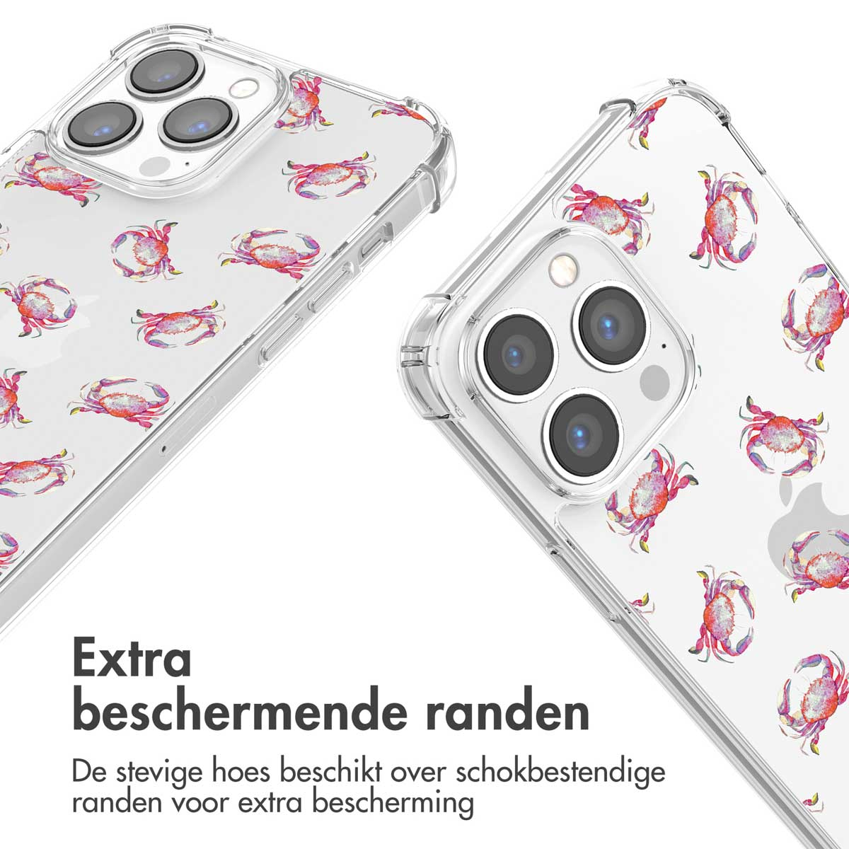 Deux coques de téléphone avec motif crabe, texte en néerlandais.
